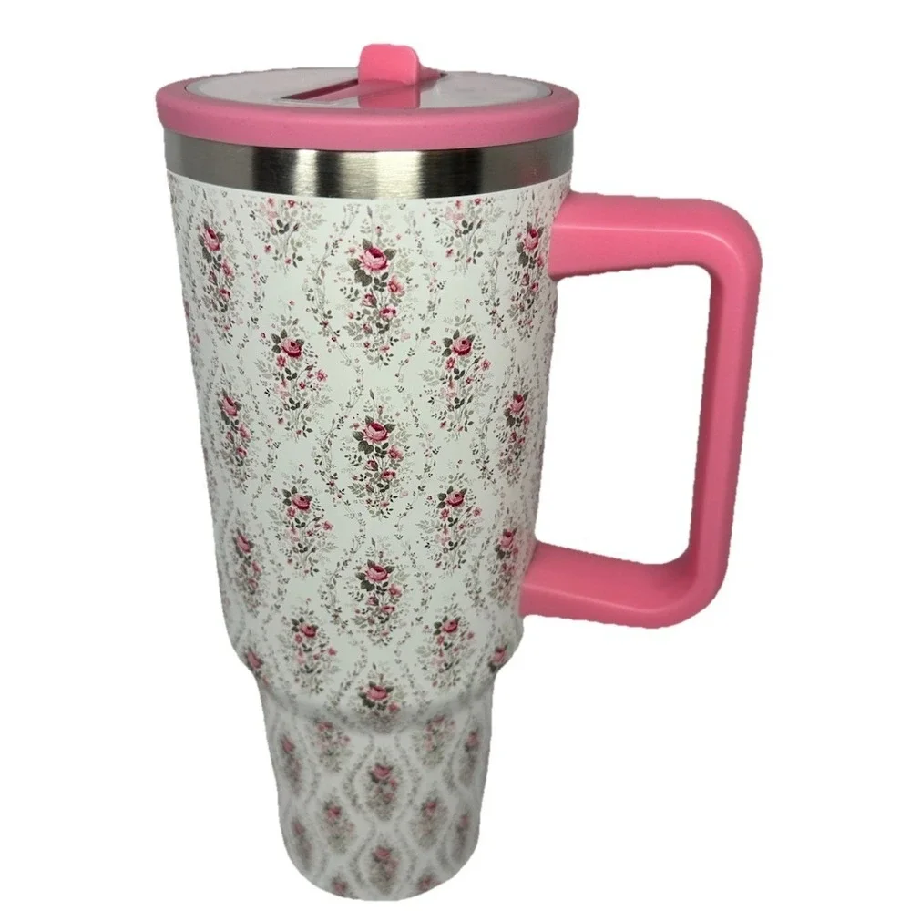 40oz Pink Floral Tumbler With Handle Straw Double Wall Stainless Steel Cup